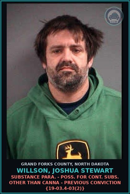 CCW arrest card for Willson, Joshua Stewart in Grand Forks County: Drug Para. - Poss. for cont. subs. other than Canna - previous conviction {19-03.4-03(2)}