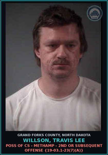CCW arrest card for Willson, Travis Lee in Grand Forks County: Poss of CS - Methamp - 2nd or subsequent offense {19-03.1-23(7)(a)}