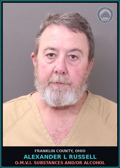 CCW arrest card for Alexander L Russell in Franklin County: O.M.V.I. DRUGS AND/OR ALCOHOL
