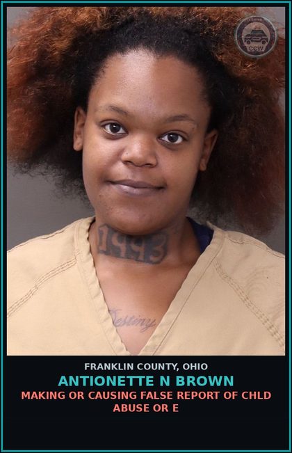 CCW arrest card for Antionette N Brown in Franklin County: MAKING OR CAUSING FALSE REPORT OF chld ABUSE OR E