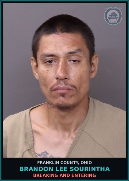 CCW arrest card for Brandon Lee Sourintha in Franklin County: BREAKING AND ENTERING