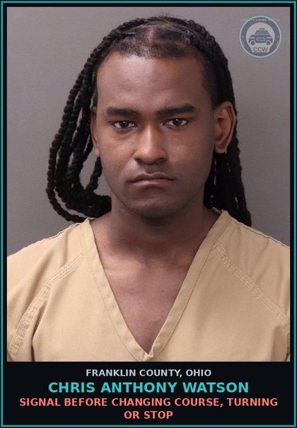 CCW arrest card for Chris Anthony Watson in Franklin County: SIGNAL BEFORE CHANGING COURSE, TURNING OR STOP