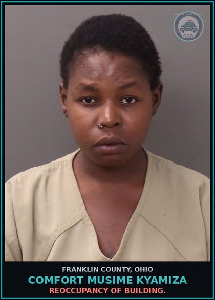 CCW arrest card for Comfort Musime Kyamiza in Franklin County: REOCCUPANCY OF BUILDING.