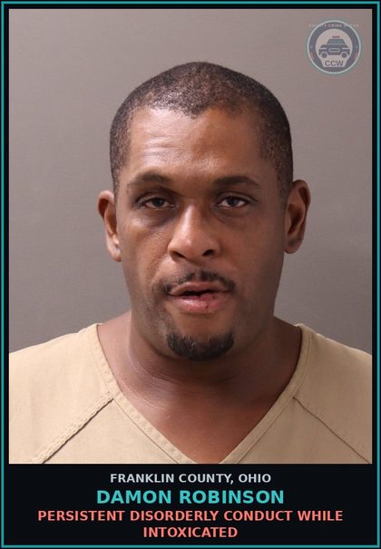 CCW arrest card for Damon Robinson in Franklin County: PERSISTENT DISORDERLY CONDUCT WHILE INTOXICATED