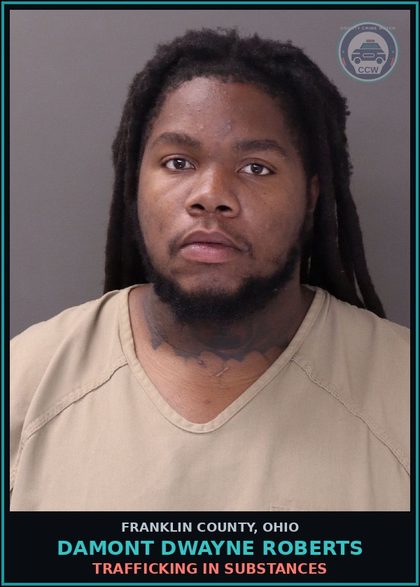 CCW arrest card for Damont Dwayne Roberts in Franklin County: TRAFFICKING IN DRUGS