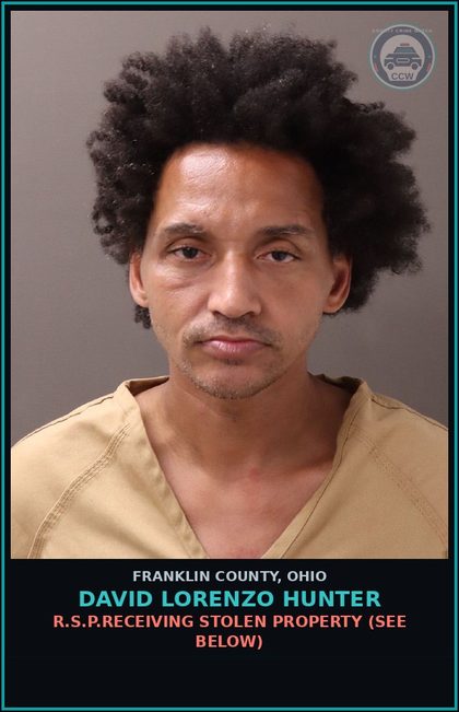 CCW arrest card for David Lorenzo Hunter in Franklin County: R.S.P.RECEIVING STOLEN PROPERTY (SEE BELOW)