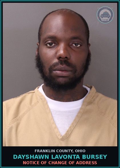 CCW arrest card for Dayshawn Lavonta Bursey in Franklin County: NOTICE OF CHANGE OF ADDRESS