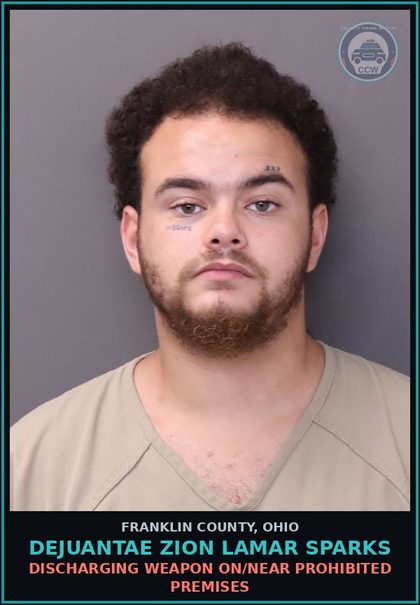 CCW arrest card for Dejuantae Zion Lamar Sparks in Franklin County: DISCHARGING WEAPON ON/NEAR PROHIBITED PREMISES