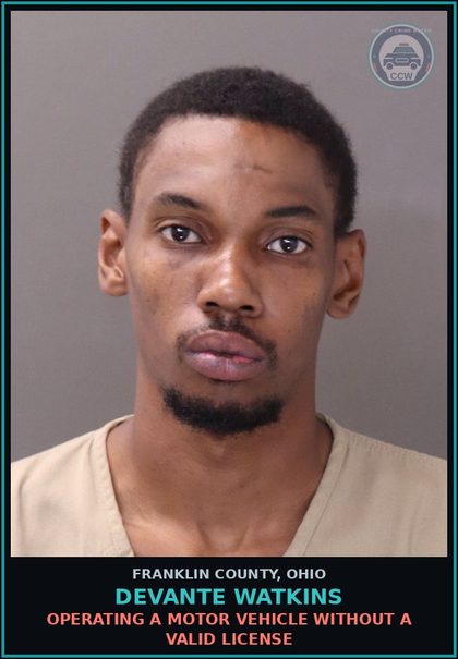 CCW arrest card for Devante Watkins in Franklin County: OPERATING A MOTOR VEHICLE WITHOUT A VALID LICENSE