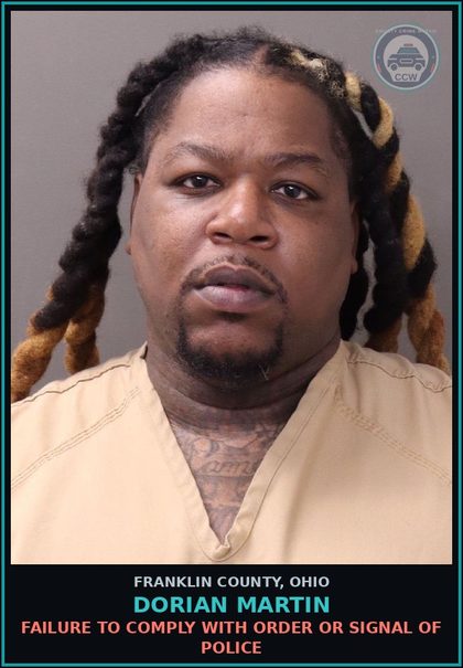 CCW arrest card for Dorian Martin in Franklin County: FAILURE TO COMPLY WITH ORDER OR SIGNAL OF POLICE