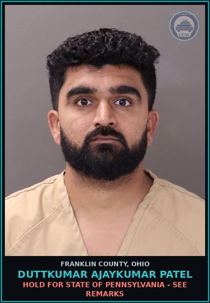 CCW arrest card for Duttkumar Ajaykumar Patel in Franklin County: HOLD FOR STATE OF PENNSYLVANIA - SEE REMARKS