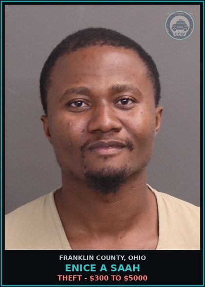 CCW arrest card for Enice A Saah in Franklin County: THEFT - $300 TO $5000