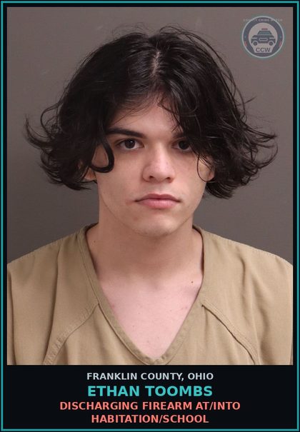 CCW arrest card for Ethan Toombs in Franklin County: DISCHARGING FIREARM AT/INTO HABITATION/SCHOOL