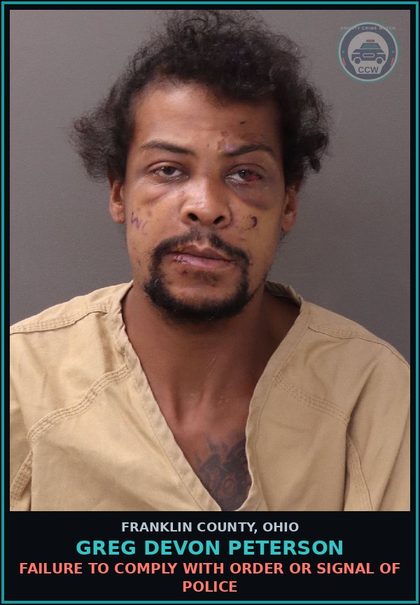 CCW arrest card for Greg Devon Peterson in Franklin County: FAILURE TO COMPLY WITH ORDER OR SIGNAL OF POLICE