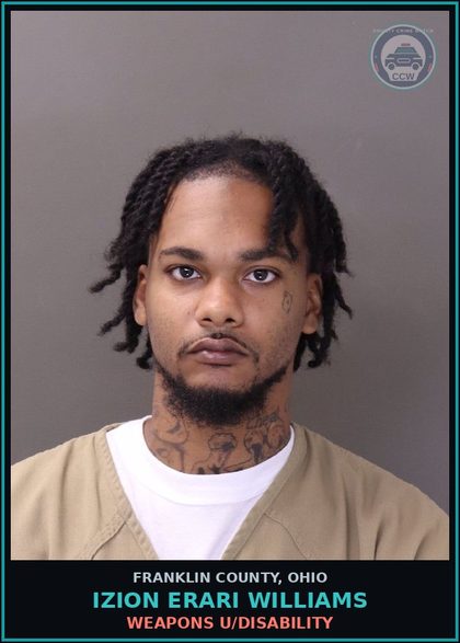 CCW arrest card for Izion Erari Williams in Franklin County: AGG TRAFF IN DRUGS W/SPECS