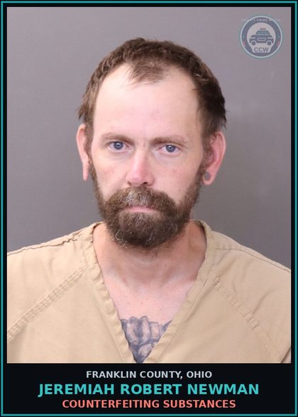 CCW arrest card for Jeremiah Robert Newman in Franklin County: COUNTERFEITING DRUGS