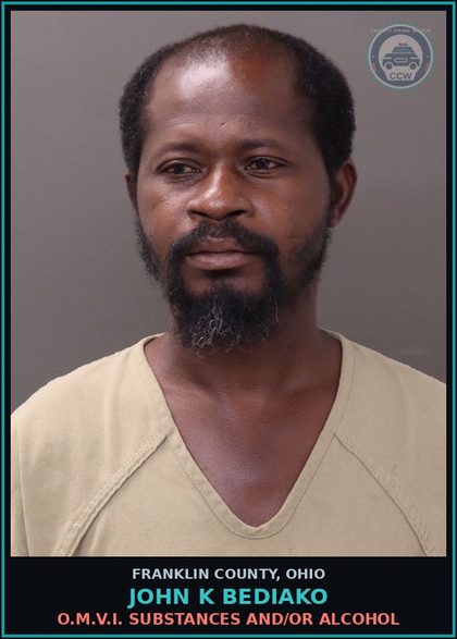 CCW arrest card for John K Bediako in Franklin County: O.M.V.I. DRUGS AND/OR ALCOHOL