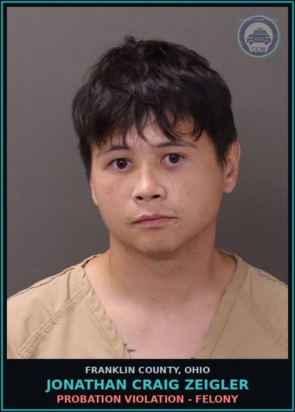 CCW arrest card for Jonathan Craig Zeigler in Franklin County: PROBATION VIOLATION - FELONY