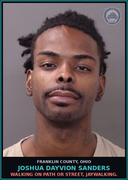 CCW arrest card for Joshua Dayvion Sanders in Franklin County: WALKING ON PATH OR STREET, JAYWALKING.