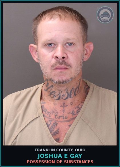 CCW arrest card for Joshua E Gay in Franklin County: POSSESSION OF DRUGS