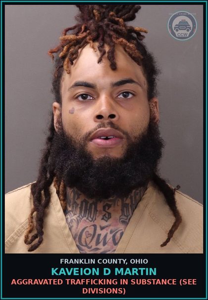 CCW arrest card for Kaveion D Martin in Franklin County: AGGRAVATED TRAFFICKING IN DRUG (SEE DIVISIONS)