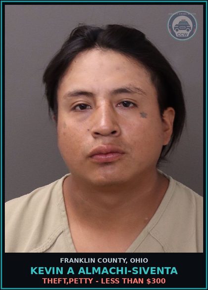 CCW arrest card for Kevin A Almachi-Siventa in Franklin County: REGISTRATION OF DOGS; TAGS REQUIRED