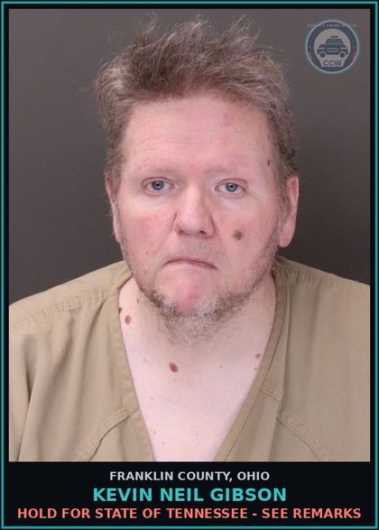CCW arrest card for Kevin Neil Gibson in Franklin County: HOLD FOR STATE OF TENNESSEE - SEE REMARKS
