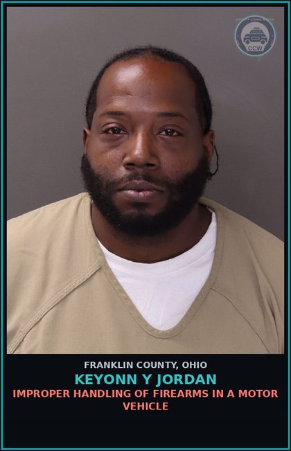 CCW arrest card for Keyonn Y Jordan in Franklin County: IMPROPER HANDLING OF FIREARMS IN A MOTOR VEHICLE
