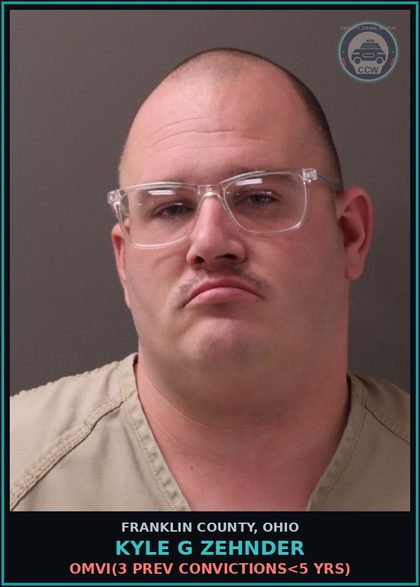 CCW arrest card for Kyle G Zehnder in Franklin County: OMVI(3 PREV CONVICTIONS<5 YRS)
