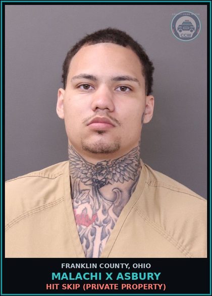 CCW arrest card for Malachi X Asbury in Franklin County: HIT SKIP (PRIVATE PROPERTY)
