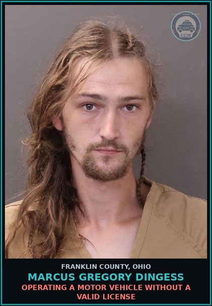 CCW arrest card for Marcus Gregory Dingess in Franklin County: OPERATING A MOTOR VEHICLE WITHOUT A VALID LICENSE