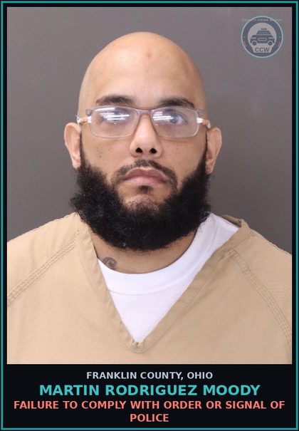 CCW arrest card for Martin Rodriguez Moody in Franklin County: FAILURE TO COMPLY WITH ORDER OR SIGNAL OF POLICE
