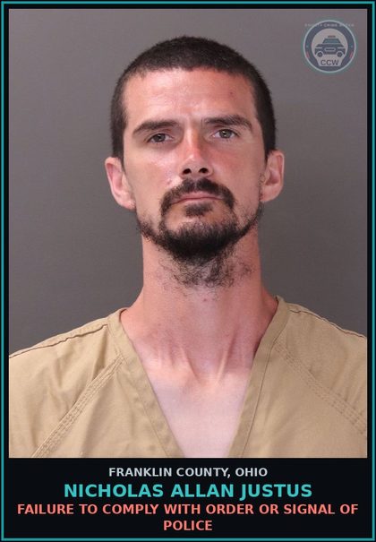 CCW arrest card for Nicholas Allan Justus in Franklin County: FAILURE TO COMPLY WITH ORDER OR SIGNAL OF POLICE