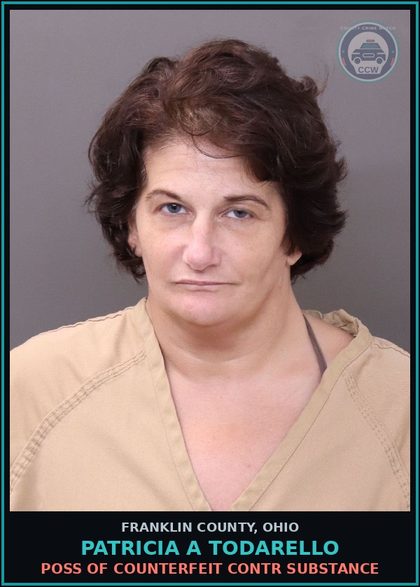 CCW arrest card for Patricia A Todarello in Franklin County: POSS OF COUNTERFEIT contr substance