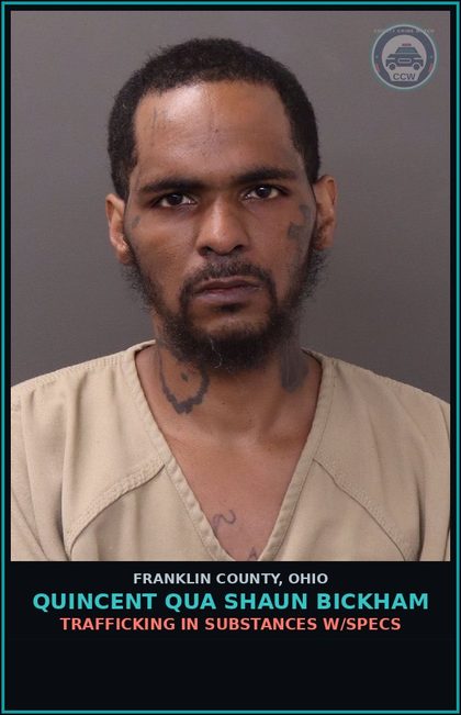CCW arrest card for Quincent Qua Shaun Bickham in Franklin County: TRAFFICKING IN DRUGS W/SPECS