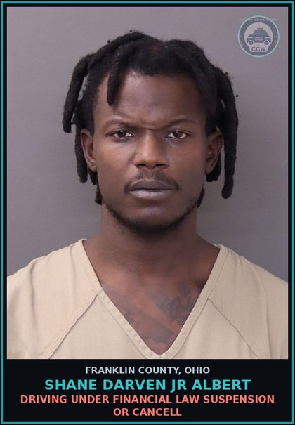 CCW arrest card for Shane Darven Jr Albert in Franklin County: DRIVING UNDER FINANCIAL LAW SUSPENSION OR CANCELL