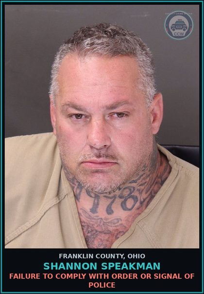 CCW arrest card for Shannon Speakman in Franklin County: FAILURE TO COMPLY WITH ORDER OR SIGNAL OF POLICE