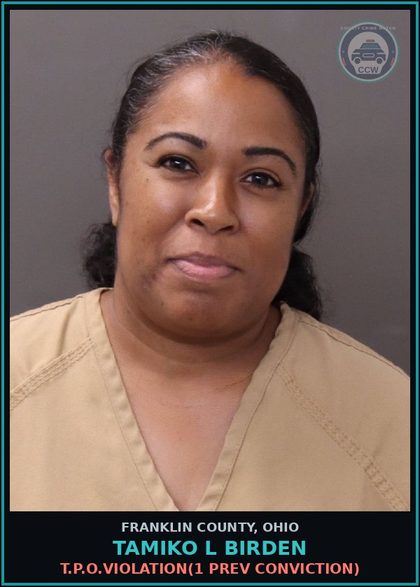 CCW arrest card for Tamiko L Birden in Franklin County: T.P.O.VIOLATION(1 PREV CONVICTION)