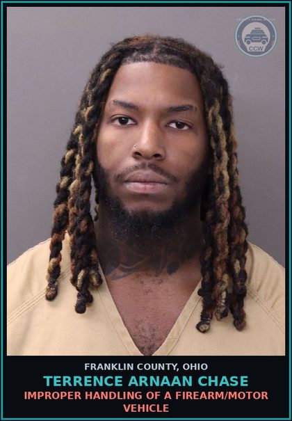 CCW arrest card for Terrence Arnaan Chase in Franklin County: IMPROPER HANDLING OF A FIREARM/MOTOR VEHICLE