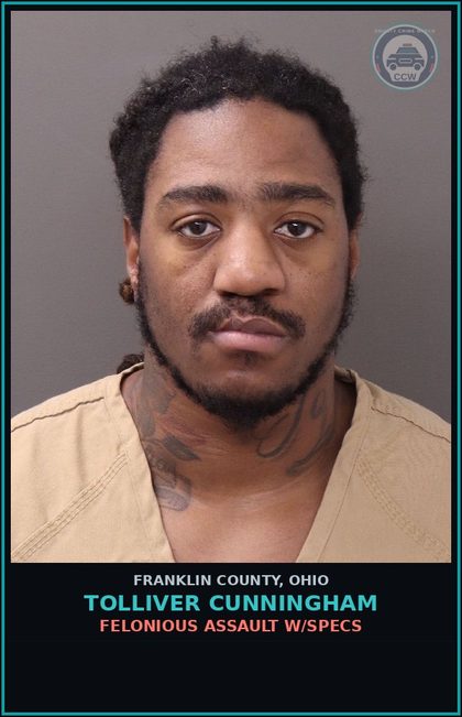 CCW arrest card for Tolliver Cunningham in Franklin County: FELONIOUS ASSAULT W/SPECS