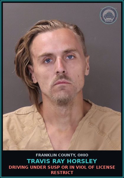 CCW arrest card for Travis Ray Horsley in Franklin County: DRIVING UNDER SUSP OR IN VIOL OF LICENSE RESTRICT