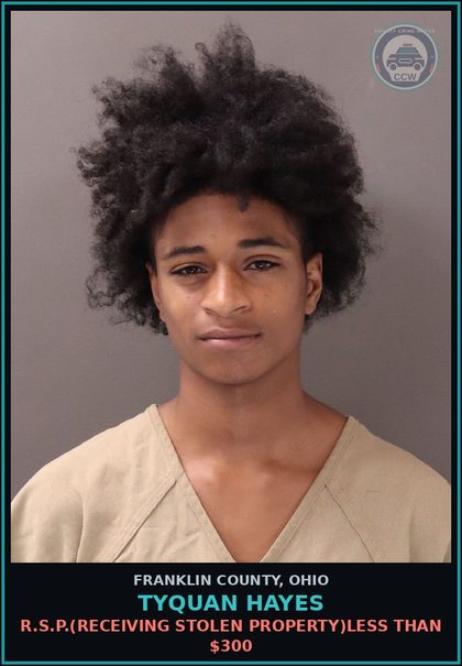 CCW arrest card for Tyquan Hayes in Franklin County: R.S.P.(RECEIVING STOLEN PROPERTY)LESS THAN $300