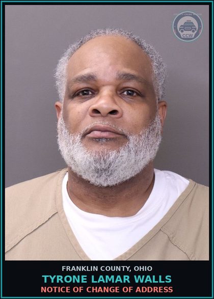 CCW arrest card for Tyrone Lamar Walls in Franklin County: NOTICE OF CHANGE OF ADDRESS