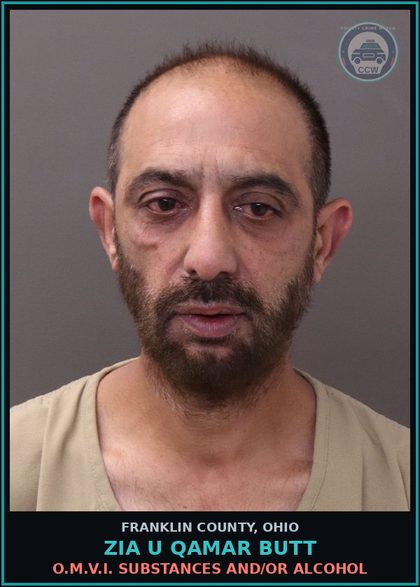 CCW arrest card for Zia U Qamar Butt in Franklin County: O.M.V.I. DRUGS AND/OR ALCOHOL