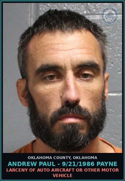 CCW arrest card for Andrew Paul - 9/21/1986 Payne in Oklahoma County: LARCENY OF AUTO AIRCRAFT OR OTHER MOTOR VEHICLE