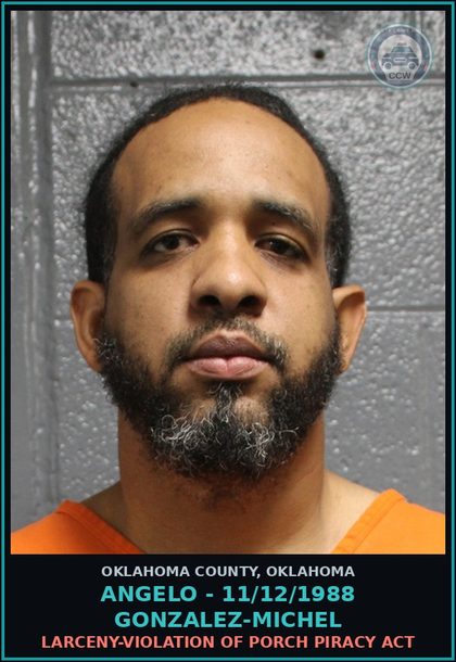 CCW arrest card for Angelo - 11/12/1988 Gonzalez-Michel in Oklahoma County: LARCENY-VIOLATION OF PORCH PIRACY ACT