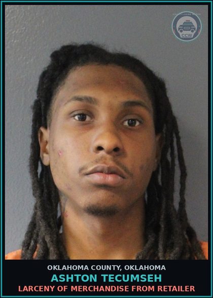 CCW arrest card for Ashton Tecumseh in Oklahoma County: LARCENY OF MERCHANDISE FROM RETAILER