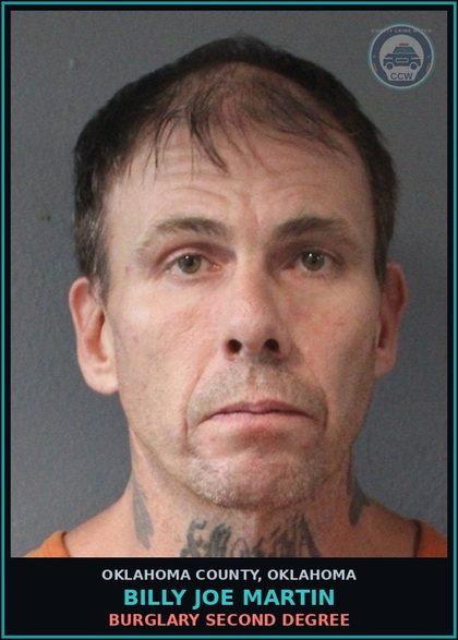 CCW arrest card for Billy Joe Martin in Oklahoma County: BURGLARY SECOND DEGREE