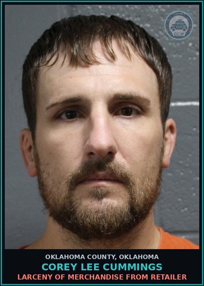CCW arrest card for Corey Lee Cummings in Oklahoma County: EMBEZZLEMENT OF PROPERTY