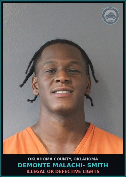 CCW arrest card for Demonte Malachi- Smith in Oklahoma County: ILLEGAL OR DEFECTIVE LIGHTS